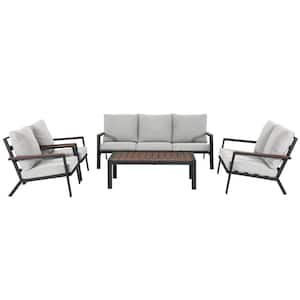 OC Orange Casual 5-piece Aluminum Outdoor Conversation Set with Wood Top Coffee Table, Light Grey Cushions