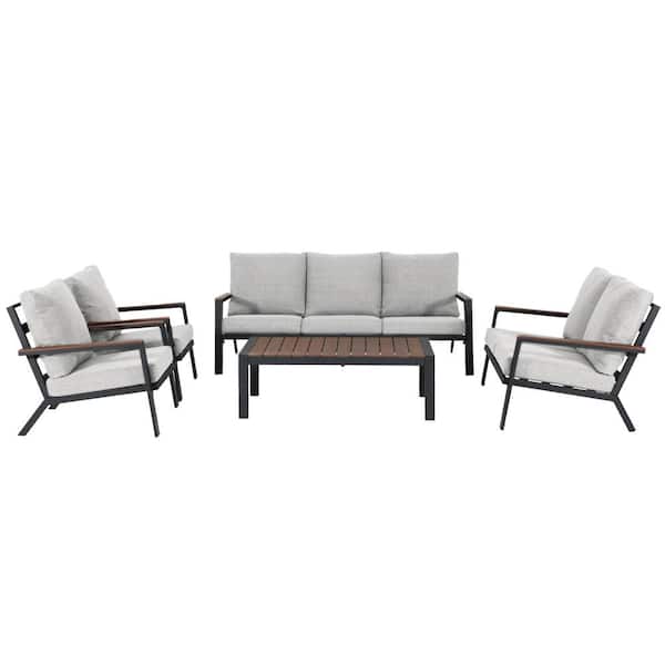 Freestyle 5-Piece Aluminum Outdoor Conversation Set with Wood-Top Coffee Table, Light Grey Cushions