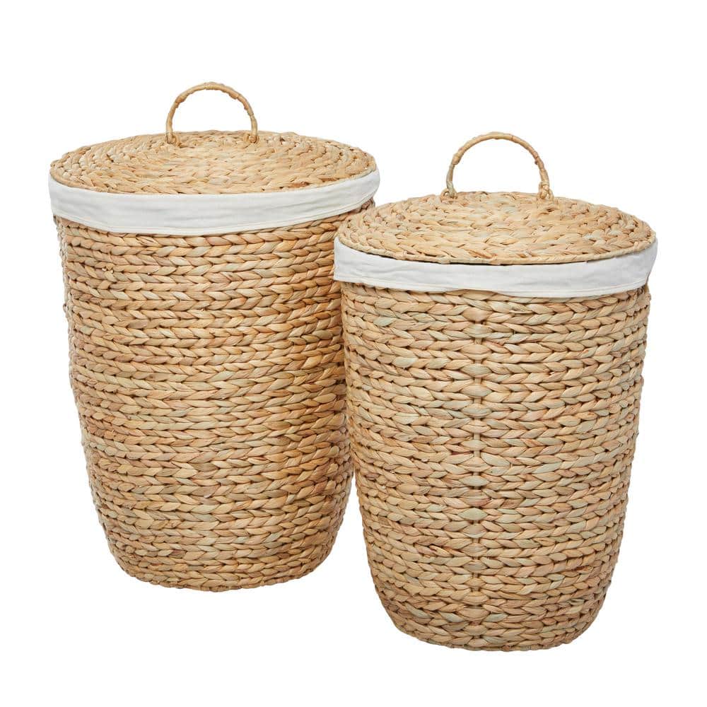 Light Brown Round Seagrass Storage Baskets with Lids, Set of 2