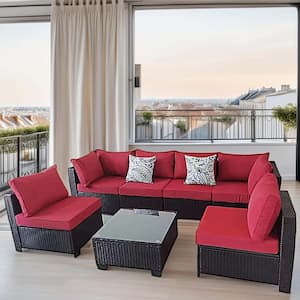 7-Piece Dark Brown Rattan Wicker Outdoor Patio Conversation Sectional Sofa with Red Cushions and Coffee Table