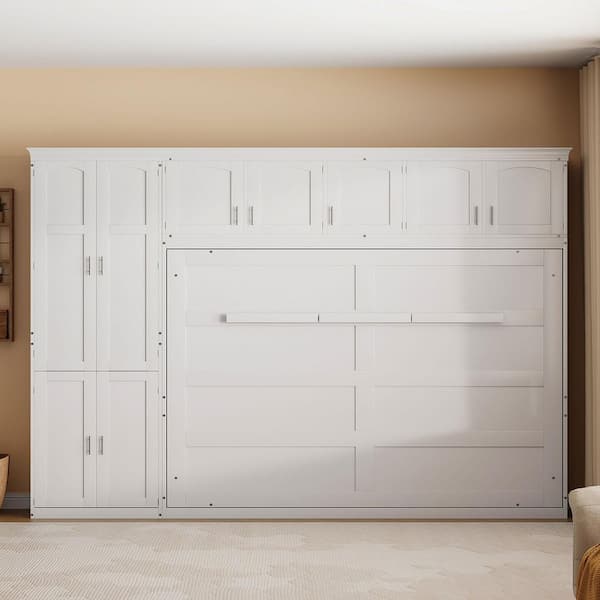 White Wood Frame Queen Size Murphy Bed with Cabinets