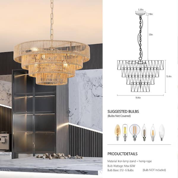 Bohemian 6-Light 4-Tier Brown Woven Rattan Round Chandelier for Living Room Kitchen Island with No Bulb Included