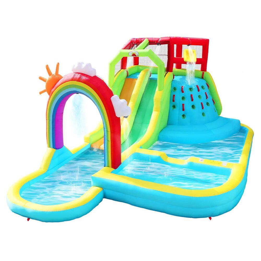 Inflatable Water Park with Double Slides, Rainbow Water Curtain, Rock Climbing Wall, and Splash Pool for Kids Outdoor price history on PriceWatchPro