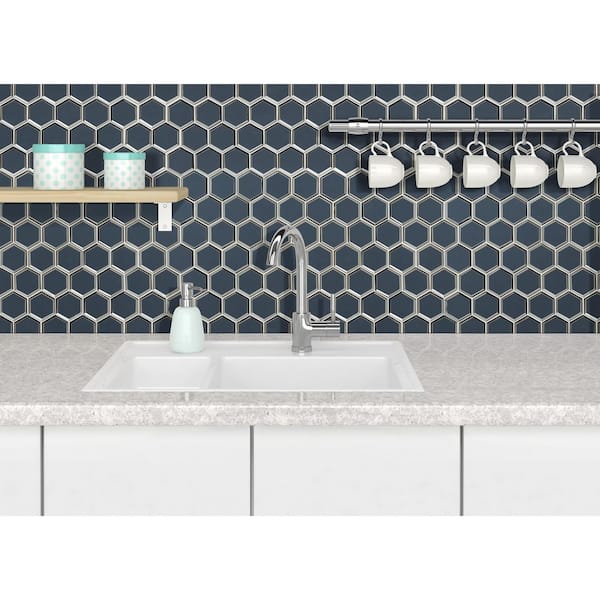 Vague Blue Beveled 3 in. Hexagon 11 in. x 12 in. x 0.31 in. Glass Mesh-Mounted Mosaic Wall Tile (0.89 sq. ft./Each)