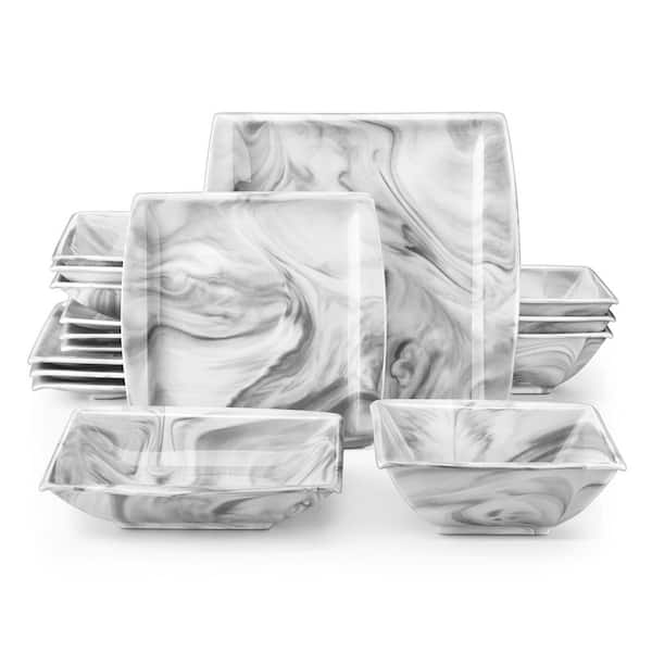 vancasso 16-Piece Marble Grey Porcelain Dinnerware Set Service for 4 Bowls and Plates Dining Set