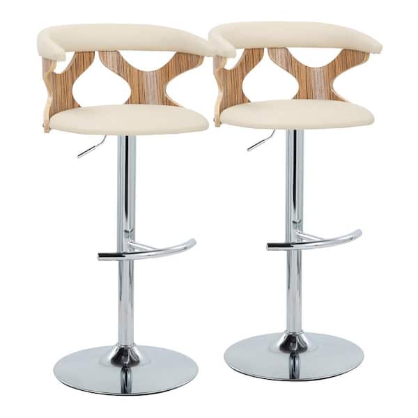 Lumisource Gardenia 32.5 in. Cream Faux Leather, Zebra Wood and Chrome Metal Adjustable Bar Stool (Set of 2)