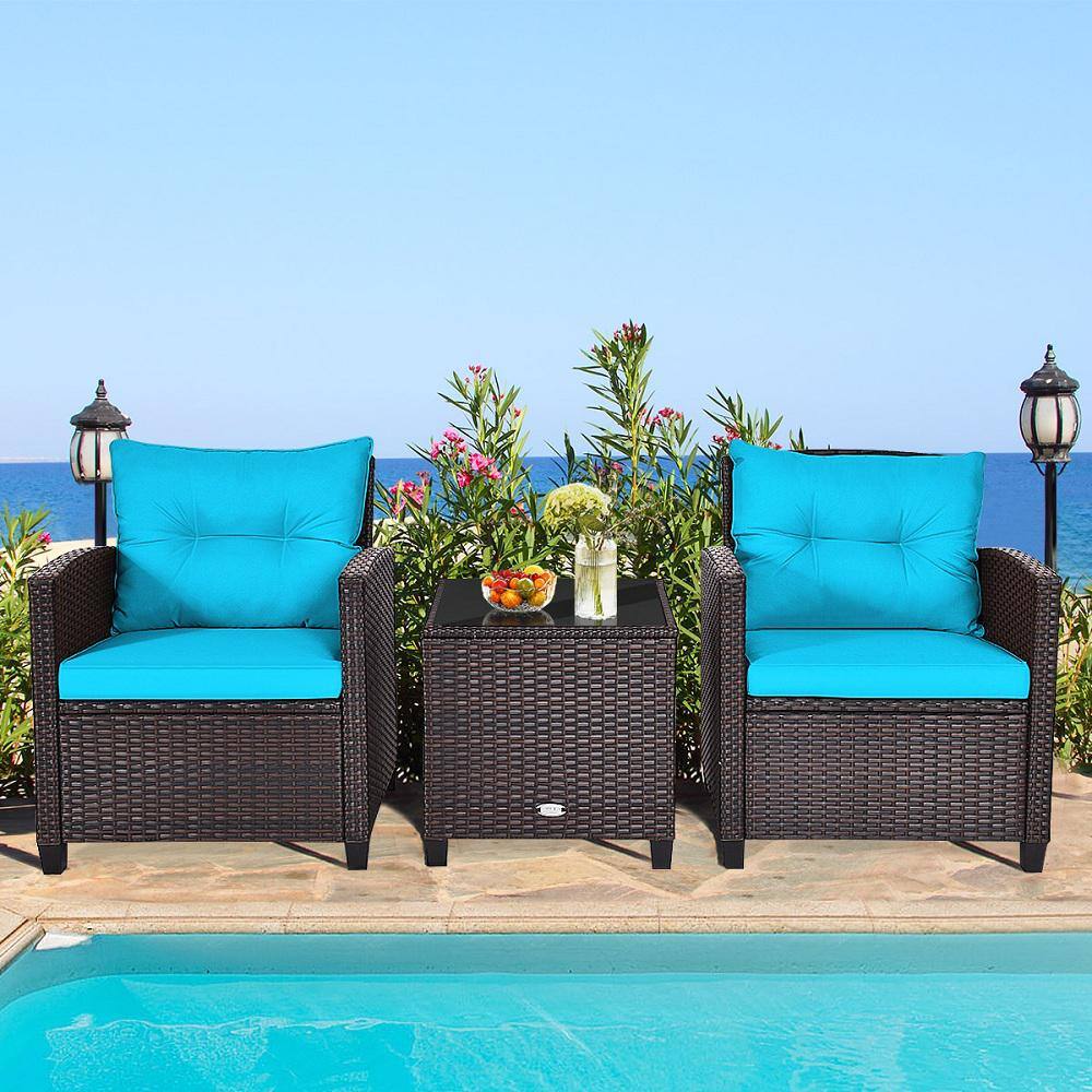 Turquoise Cushioned 3-Piece Brown Rattan Conversation Set