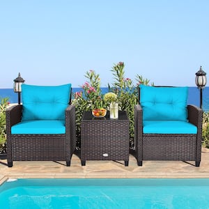 Brown 3-Pieces Wicker Patio Conversation Set Outdoor Rattan Furniture with Turquoise Cushions