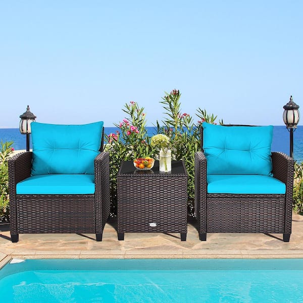 Brown 3-Pieces Wicker Patio Conversation Set Outdoor Rattan Furniture with Turquoise Cushions