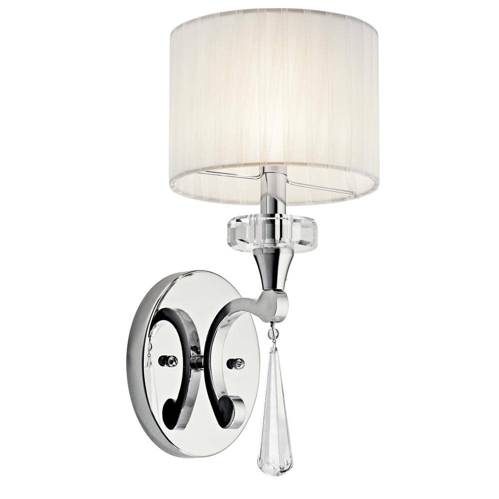 Chrome and White Fabric Shade Wall Sconce with Crystal Accents