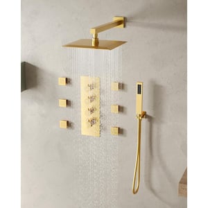 7-Spray Patterns 12 in. Wall Mount Dual Shower Heads with 6-Jet in Brushed Gold (Valve Included)
