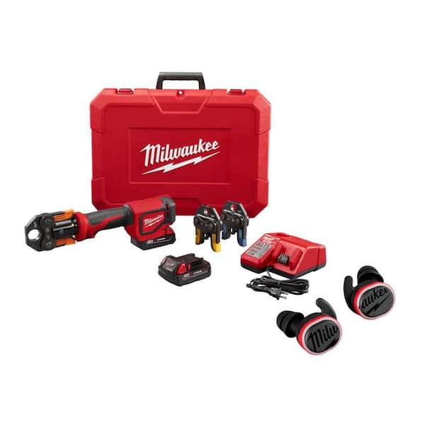 M18 18V Short Throw PEX Press Tool Kit w/ (3) Viega PureFlow Jaws, (2) 2. 0Ah Batteries & Charger with Jobsite Ear Buds