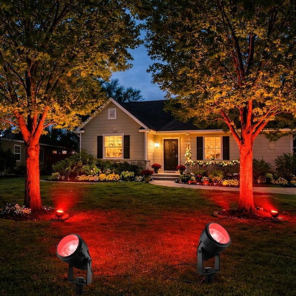 5W LED Plug-in Black Spotlight Outdoor, IP66 Waterproof Landscape Flood Light for House, Holiday, Auto On/Off, 2-Pack