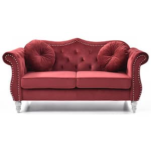 Hollywood 68 in. Round Arm Velvet Rectangle Tufted Straight Sofa in Red