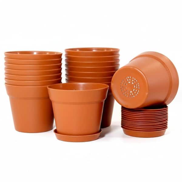 6" Terracotta Plastic Plant Pots Set of 16, Stylish Indoor Planters with Drainage & Tray