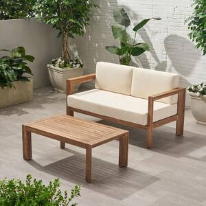 2-Piece Wood Patio Conversation Set with Beige Cushions