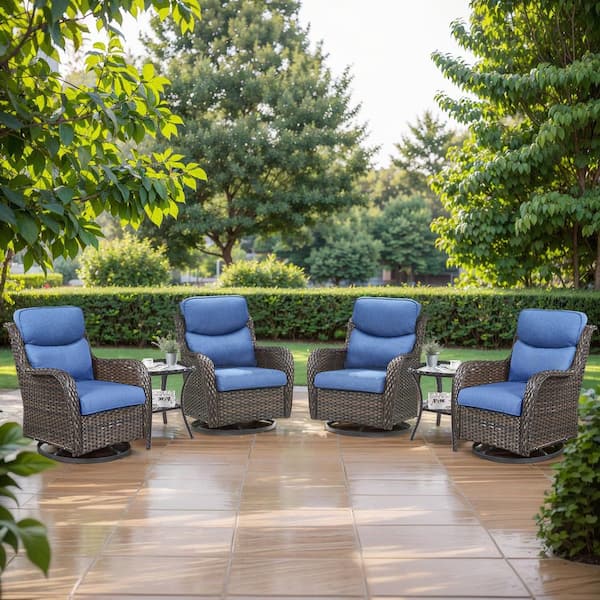 Carolina 4-Piece Brown Wicker Outdoor Swivel Glider Chairs with Side Table Thick Blue Cushions