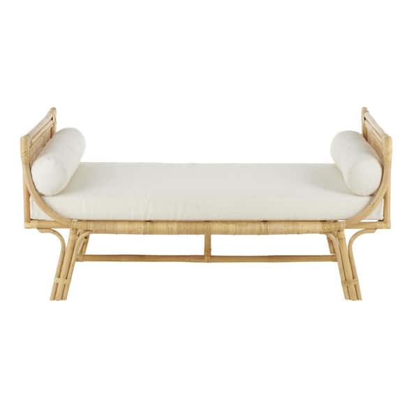 Light Brown Wrapped Bench with White Fabric Seat and Side Cushions 29 in. x 61 in. x 30 in.