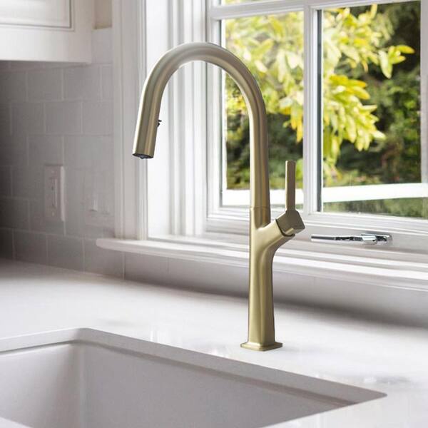 1-Handle 1-Hole 18 in. H Pull Down Sprayer Kitchen Faucet 2-Spray Sink Faucet in Brushed Gold