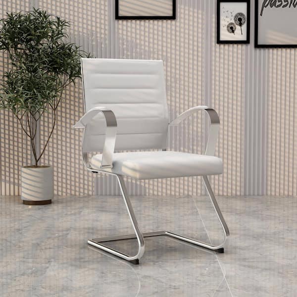 Benmar Office Chair Upholstered in Leather with Stainless Steel Sled Base, White