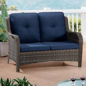 Brown Wicker Outdoor Couch Patio Loveseat Deep Seating with Blue Cushions