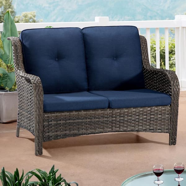 Brown Wicker Outdoor Couch Patio Loveseat Deep Seating with Blue Cushions
