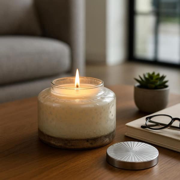 7 in. x 6 in. Clear Lavender Speckle Lidded Glass Candle 71 oz.