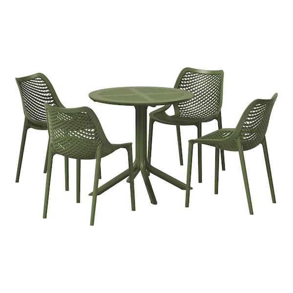 WESTIN OUTDOOR FrondandForm Modern Outdoor Patio Poly Plastic 5-Piece Round Table Dining Set w/ 4 Stackable Chairs in Olive Green