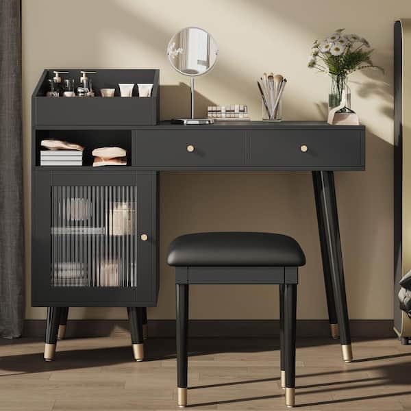 black small dressing table CSC DECOR INC Black 4-Drawer 29.2 in. Wide Dresser with Mirror, Small Space Dresser Desktop Vanity Table Plus Cushioned Stool