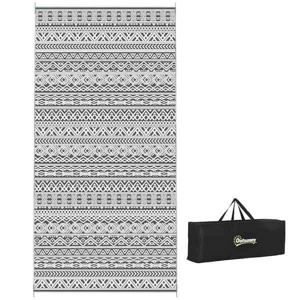 Otryad 9' x 18' Reversible Outdoor Rug, Waterproof Plastic Straw Floor Mat Portable RV Camping Carpet in Gray&Cream White Boho