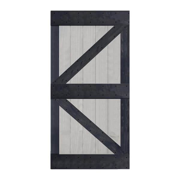 ISLIFE K Style 42 in. x 84 in. French Gray/Carbon Gray Finished Solid Wood Sliding Barn Door Slab - Hardware Kit Not Included