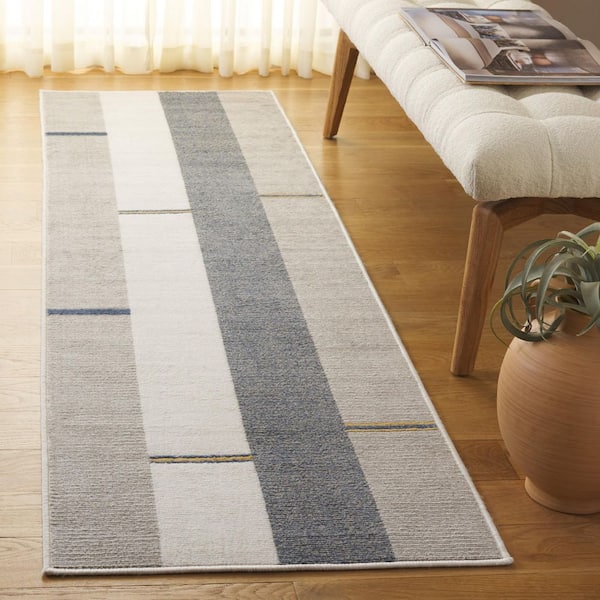 Pyramid 2 ft. x 7 ft. Gray/Ivory Navy Double Striped Solid Runner Rug