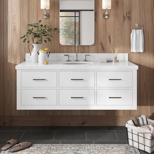 ARIEL Hutton 55 in. W x 22 in. D x 19.6 in. H Bath Vanity in White with Pure White Quartz Top