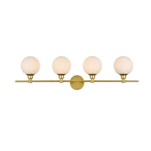 Simply Living 38 in. 4-Light Modern Brass Vanity Light with Frosted White Round Shade