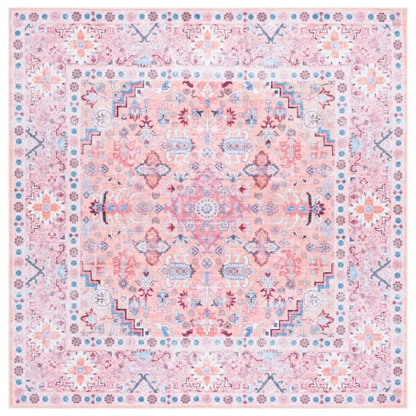 Arizona Beige/Pink 6 ft. x 6 ft. Machine Washable Ornate Floral Medallion Square Area Rug