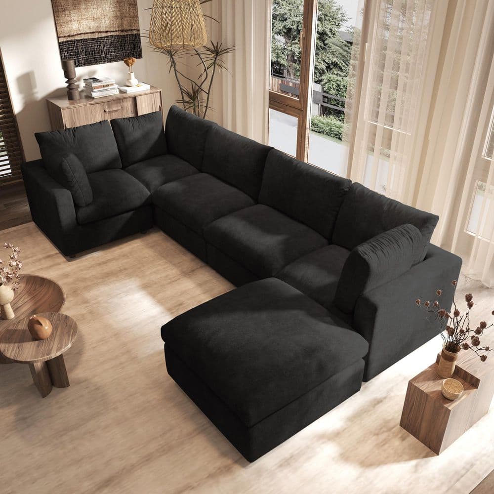 134 in. Square Arm Chenille 6-Piece Modular Free Combination Convertible Sectional Sofa with Movable Covers in Black