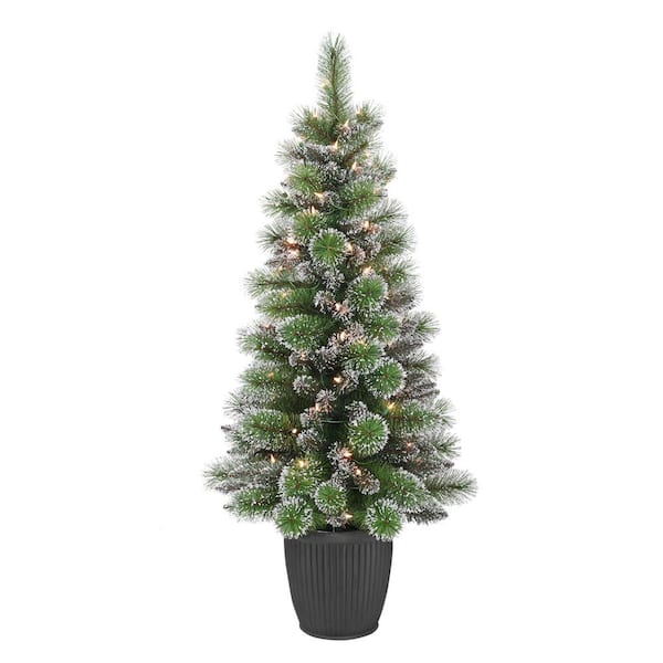 Puleo International Pre-Lit 4 ft. Green Potted Glitter Artificial ...