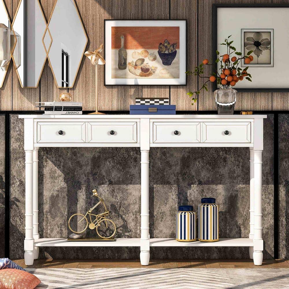 58 in. Ivory Rectangle Wood Console Table with 2 Storage Drawers and Bottom Shelf for Living Room, Entryway price history on PriceWatchPro