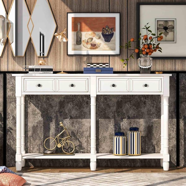 Polibi 58 in. Ivory Rectangle Wood Console Table with 2 Storage Drawers and Bottom Shelf for Living Room, Entryway