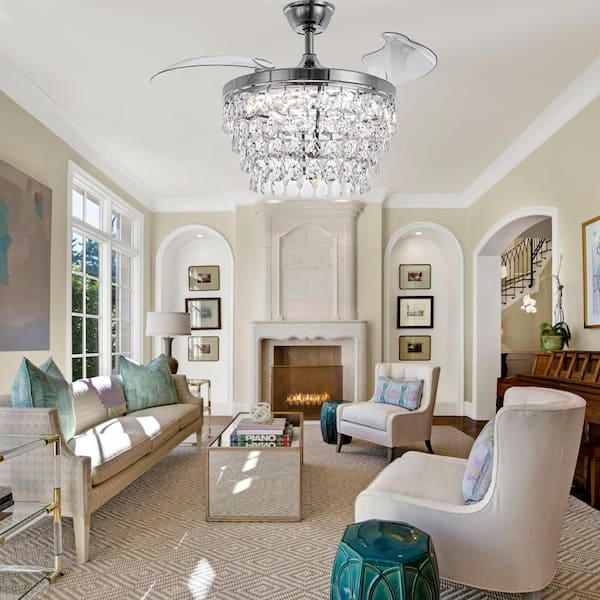 Cordoba 42 in. Indoor Modern Glam Crystal Chrome Ceiling Fan with Lights and Remote, 6-Speed Dimmable Chandelier Fan