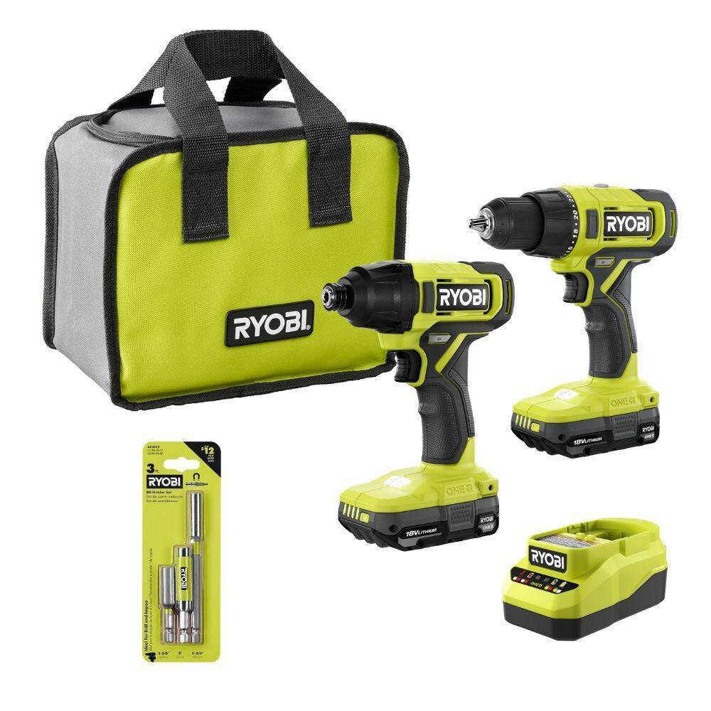 RYOBI ONE+ 18V 2-Tool Combo Kit w/ Drill, Impact Driver, (2) Batteries, & Charger w/ 3PC Impact Rated Bit Holder Set (1200K2XAR2032)