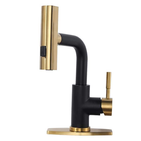3-Modes Single Handle Stainless Steel Waterfall Bar Faucet with Pull Down Sprayer and Deckplate in Black and Gold