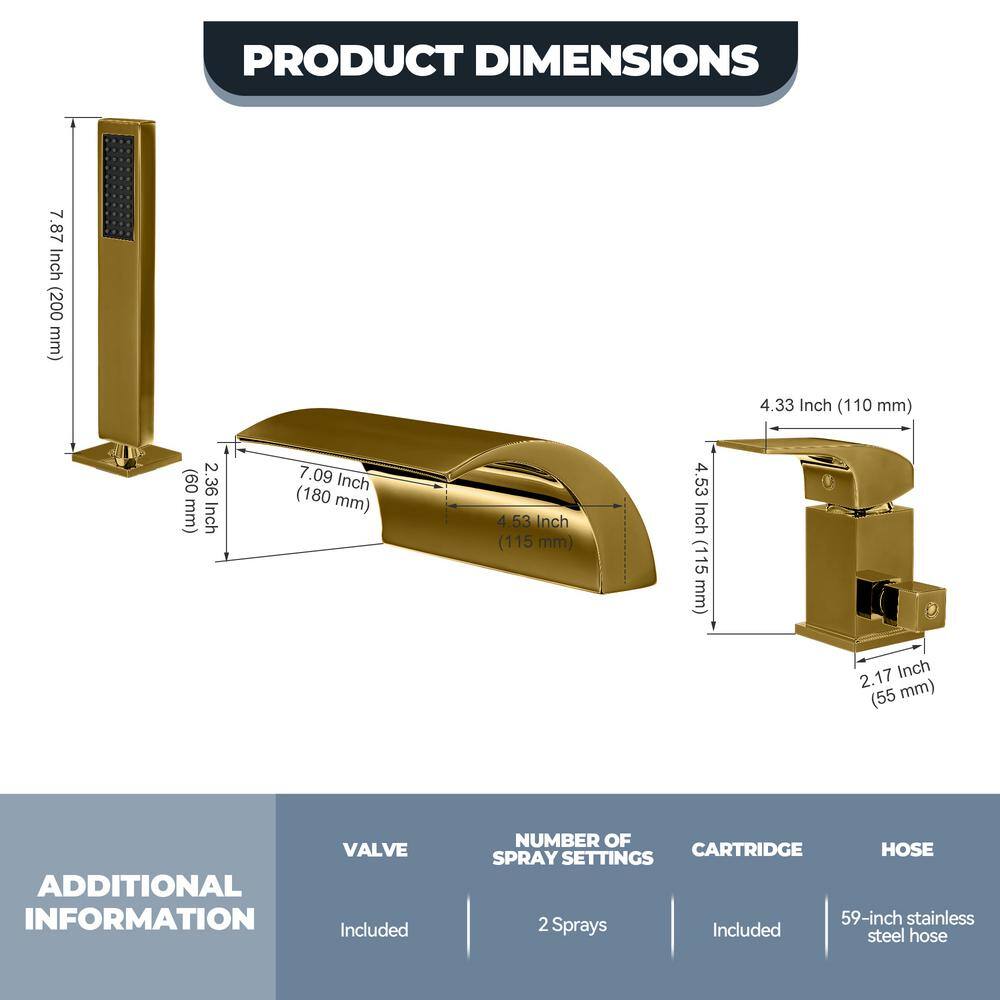 Gold Deck Mounted Waterfall Tub Faucet with Hand Shower