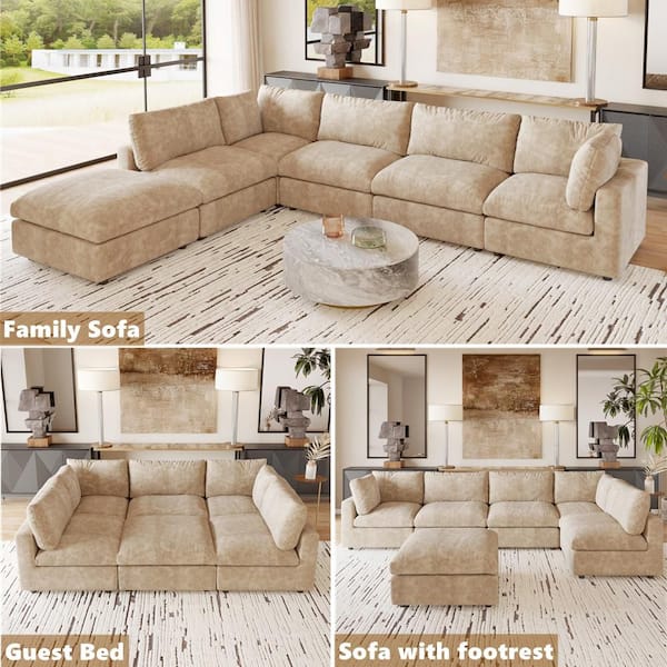 101 in. Modular Khaki Chenille Full Size 5-Seat Convertible Sleeper Sofa Bed Pine Wood Sofa with Ottoman,Washable Covers