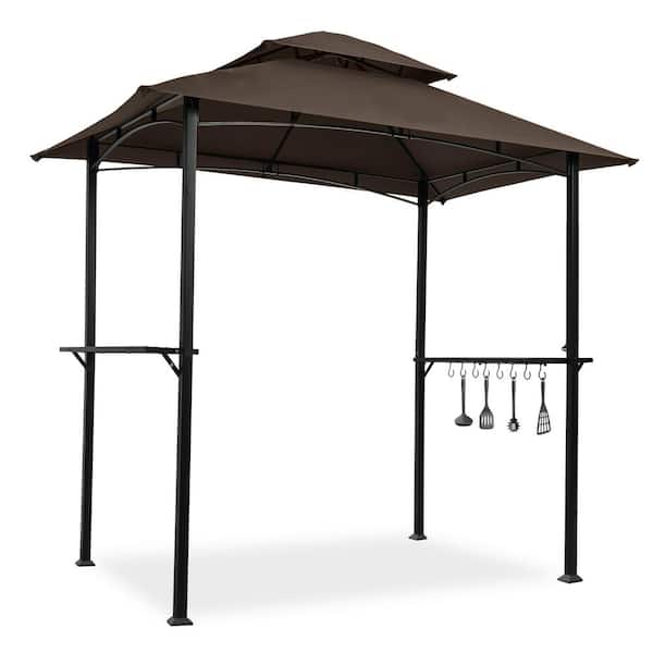 Sudzendf 8 ft. x 5 ft. Brown Outdoor Grill Gazebo, Double Tier So ft. Top Canopy and Steel Frame with Hook and Bar Counters