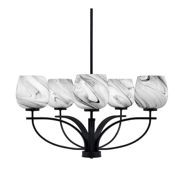 Unbranded Olympia 5-Light Matte Black Round Chandelier with 6 in. Onyx Swirl Glass Shades, No bulbs included