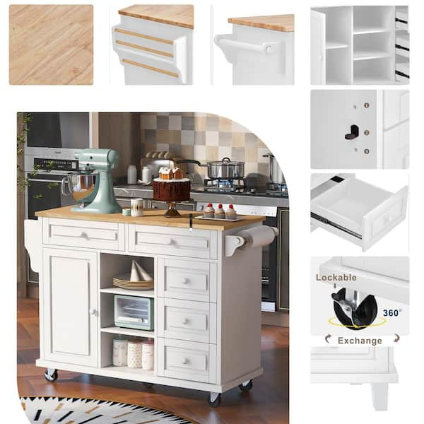 ARTCHIRLY Brown Solid Wood Top 52.8 in. White Kitchen Island with