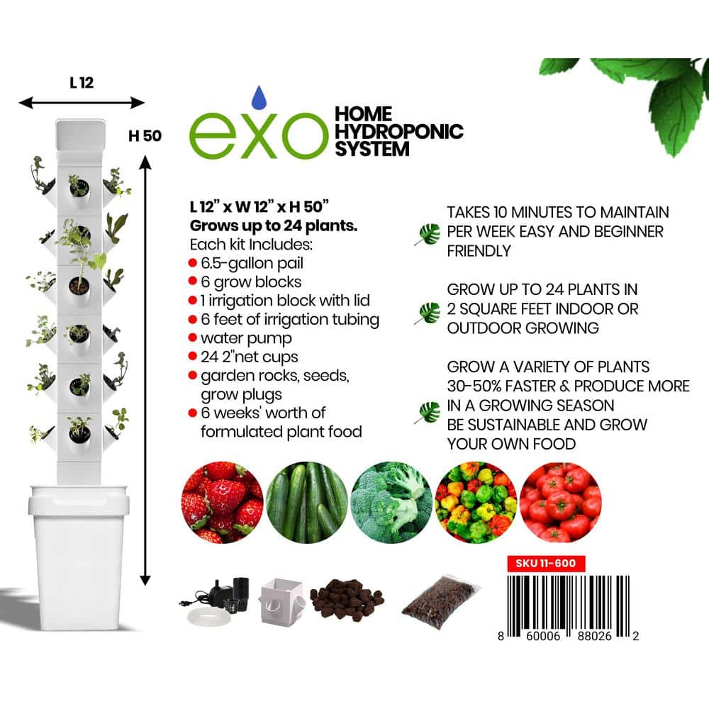 White 24-Plant Vertical Hydroponic Garden Tower System