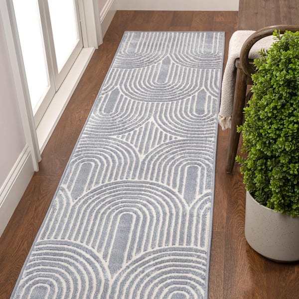 JONATHAN Y Ariana MidCentury Art Deco Striped Arches 2-Tone High-Low Blue/White 2 ft. x 8 ft. Runner Rug