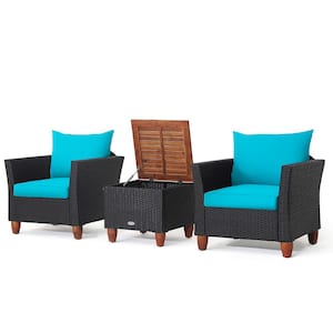 3-Pieces Patio Rattan Conversation Set Outdoor Furniture Set w/Turquoise Cushions